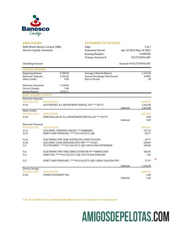 Extrato bancário Venezuela Banesco para impressão, modelo Excel e PDF
